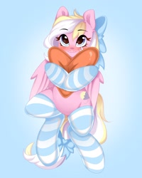 Size: 1586x1983 | Tagged: safe, artist:emberslament, artist:hk2309, oc, oc only, oc:bay breeze, pegasus, pony, g4, blushing, bow, clothes, cute, female, hair bow, heart, heart eyes, heart pillow, mare, ocbetes, pillow, simple background, socks, solo, striped socks, tail, tail bow, wingding eyes, wings
