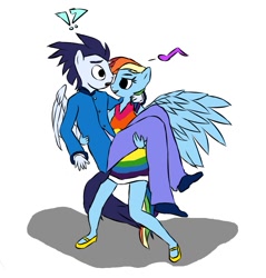 Size: 947x991 | Tagged: safe, anonymous artist, derpibooru exclusive, rainbow dash, soarin', pegasus, anthro, g4, bridal carry, carrying, clothes, cute, dress, female, male, mare, mary janes, rainbow dash always dresses in style, ship:soarindash, shipping, shoes, simple background, stallion, straight, suit, surprised, white background