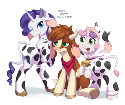 Size: 1280x1076 | Tagged: safe, artist:dstears, arizona (tfh), rarity, sweetie belle, cow, pony, unicorn, them's fightin' herds, g4, amused, animal costume, arizona is not amused, asdfmovie, belle sisters, clothes, community related, costume, cow costume, cowbelle, crossover, cultural appropriation, cute, diasweetes, one of these things is not like the others, raricow, siblings, simple background, sisters, trio, unamused, white background, year of the ox
