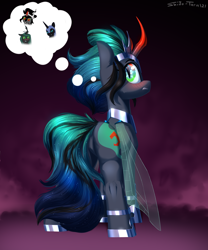 Size: 2500x3000 | Tagged: safe, artist:shido-tara, king sombra, nightmare moon, queen chrysalis, oc, oc:empress sacer malum, changeling, changeling queen, pony, g4, armor, blushing, butt, commission, commissioner:bigonionbean, crown, curved horn, cutie mark, ethereal mane, female, flank, fusion, fusion:king sombra, fusion:nightmare moon, fusion:queen chrysalis, high res, horn, jewelry, looking at you, looking back, looking back at you, mare, parent:king sombra, parent:nightmare moon, parent:princess luna, parent:queen chrysalis, plot, queen umbra, regalia, royalty, rule 63, simple background, thought bubble, writer:bigonionbean