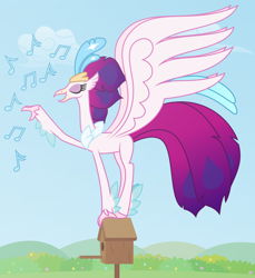 Size: 6388x6969 | Tagged: safe, artist:kmlp, derpibooru exclusive, queen novo, classical hippogriff, hippogriff, my little pony: the movie, absurd resolution, behaving like a bird, bird house, cute, eyes closed, female, happy, music notes, novobetes, perching, singing, smiling, solo, vector, wings