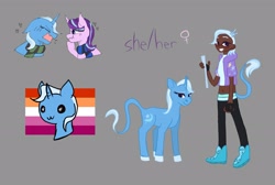 Size: 2676x1803 | Tagged: safe, artist:courtpoiuy, starlight glimmer, trixie, human, g4, dark skin, female, headcanon, humanized, leonine tail, lesbian, lesbian pride flag, pride, pride flag, pronouns, ship:startrix, shipping, tailed humanization