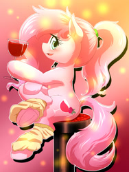 Size: 1500x2000 | Tagged: safe, artist:phoenixperegrine, oc, oc only, oc:cheers, earth pony, pony, .psd available, abstract background, alcohol, barstool, blushing, drunk, female, frog (hoof), glass, hoof hold, leg warmers, looking at you, mare, open mouth, ponytail, request, sitting, solo, underhoof, wine, wine glass