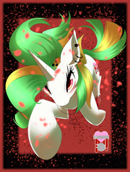 Size: 3000x4000 | Tagged: safe, artist:phoenixperegrine, oc, oc only, oc:soo, pony, unicorn, abstract background, ear piercing, earring, female, jewelry, mare, piercing, solo