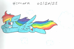 Size: 1280x838 | Tagged: safe, artist:cmara, rainbow dash, pegasus, pony, g4, female, flying, grin, mare, simple background, smiling, solo, traditional art, white background