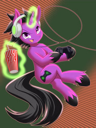 Size: 3000x4000 | Tagged: safe, artist:phoenixperegrine, oc, oc only, oc:jimmy chap, pony, unicorn, controller, headphones, magic, solo, telekinesis, unshorn fetlocks