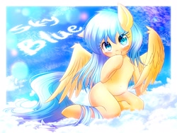 Size: 4000x3000 | Tagged: safe, artist:phoenixperegrine, oc, oc only, oc:skyblue gift, pegasus, pony, semi-anthro, arm hooves, blushing, cloud, female, floppy ears, hoof on chin, lens flare, looking at you, mare, on a cloud, sitting, sky, solo, spread wings, wings