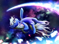 Size: 4000x3000 | Tagged: safe, artist:phoenixperegrine, oc, oc only, oc:star comet, earth pony, pony, female, flying, high res, mare, milky way galaxy, solo, space, stars, zero gravity