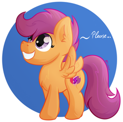 Size: 1024x1013 | Tagged: safe, artist:exobass, scootaloo, pegasus, pony, g4, cute, cutealoo, cutie mark, female, filly, please, puppy dog eyes, smiling, wings