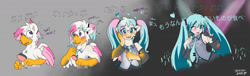 Size: 1280x389 | Tagged: safe, artist:foxxy-arts, oc, oc:foxxy hooves, hippogriff, human, character to character, clothes, comb, female, hatsune miku, heart, hippogriff oc, hippogriff to human, japanese, microphone, music notes, necktie, speech change, transformation, transformation sequence, vocaloid