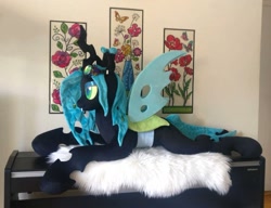 Size: 1140x877 | Tagged: safe, artist:purplenebulastudios, queen chrysalis, changeling, g4, goggles, irl, life size, lying down, photo, plushie, prone, solo