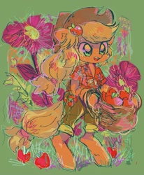 Size: 1274x1543 | Tagged: safe, artist:osawari64, applejack, semi-anthro, g4, apple, arm hooves, basket, clothes, cute, cutie mark, cutie mark accessory, cutie mark on clothes, flower, food, front knot midriff, hoof hold, jackabetes, midriff, open mouth, solo