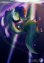 Size: 1654x2338 | Tagged: safe, artist:mad--munchkin, oc, oc only, earth pony, pony, seapony (g4), uk ponycon, bubble, convention, deviantart watermark, dorsal fin, exclusive, fish tail, flowing mane, flowing tail, green eyes, logo, looking up, ocean, seaponified, solo, species swap, swimming, tail, underwater, water, watermark