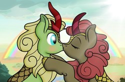 Size: 830x540 | Tagged: safe, artist:ah96, forest fall, maple brown, kirin, g4, blushing, eyes closed, female, kissing, male, rainbow, shipping, straight