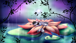 Size: 6004x3407 | Tagged: safe, artist:creativecocoacookie, oc, oc only, hybrid, merpony, seapony (g4), absurd resolution, eyes closed, fins, fish tail, flower, glowing, leaves, lying down, moon, moonlight, night, petals, signature, sky, sleeping, smiling, solo, starry night, stars, sweet dreams fuel, tree branch, water