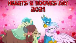 Size: 2064x1161 | Tagged: safe, anonymous artist, artist:ejlightning007arts, editor:wallblush, gallus, sandbar, silverstream, yona, classical hippogriff, earth pony, griffon, hippogriff, pony, yak, g4, 2021, eyes closed, female, friendship, hearts and hooves day, holiday, hug, interspecies, lyrics in the description, male, male and female, ship:gallstream, ship:yonabar, shipping, straight, valentine's day, youtube link in the description