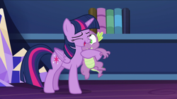 Size: 1920x1080 | Tagged: safe, screencap, spike, twilight sparkle, alicorn, dragon, pony, g4, what about discord?, duo, eyes closed, female, hug, male, mare, open mouth, twilight sparkle (alicorn), twilight's castle