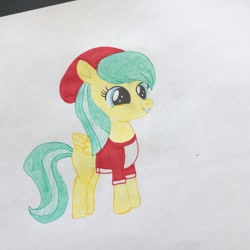 Size: 1080x1080 | Tagged: safe, artist:lillycloudart, barley barrel, pegasus, pony, g4, clothes, eyelashes, female, filly, hat, smiling, solo, traditional art, wings
