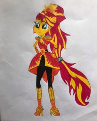 Size: 1080x1350 | Tagged: safe, artist:lillycloudart, sunset shimmer, equestria girls, g4, clothes, crystal guardian, dress, female, high heels, pants, shoes, smiling, solo, traditional art