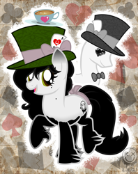 Size: 2984x3768 | Tagged: safe, artist:amgiwolf, oc, oc only, oc:amgi, earth pony, pony, abstract background, alice in wonderland, card, crossover, cup, earth pony oc, eyelashes, female, hat, high res, hoof fluff, mannequin, mare, raised hoof, teacup, top hat
