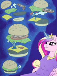 Size: 900x1200 | Tagged: safe, artist:smallhorses, princess cadance, shining armor, anthro, g4, breasts, burger, clothes, comic, commission, food, foodplay, imminent vore, levitation, magic, safe vore, soft vore, telekinesis