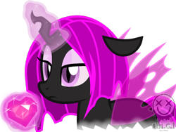 Size: 800x600 | Tagged: safe, artist:amgiwolf, oc, oc only, oc:pinky rose, changeling queen, changeling queen oc, crystal, eyelashes, glowing horn, heart, horn, lidded eyes, magic, makeup, purple changeling, simple background, telekinesis, transparent background
