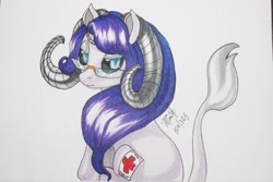Size: 1280x853 | Tagged: safe, artist:armess, oc, oc only, demon, demon pony, pony, black sclera, glasses, horns, leonine tail, looking at you, signature, solo, traditional art
