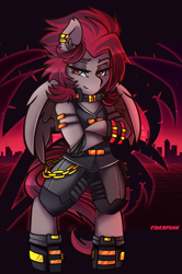 Size: 1986x3000 | Tagged: safe, artist:ciderpunk, oc, oc:ruza, bipedal, boots, clothes, cyberpunk, jewelry, piercing, retrowave, shoes, standing, synthwave