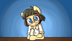 Size: 1920x1080 | Tagged: safe, artist:spheedc, oc, oc only, oc:sphee, earth pony, semi-anthro, animated, arm hooves, clothes, digital art, female, gif, glasses, gradient background, headbob, mare, solo, table