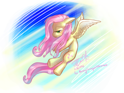 Size: 1200x900 | Tagged: safe, artist:armess, fluttershy, pegasus, pony, g4, 2012, abstract background, cute, female, flying, mare, shyabetes, signature, smiling, solo, underhoof