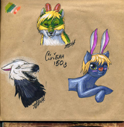 Size: 1270x1300 | Tagged: safe, artist:armess, oc, oc only, earth pony, pony, wolf, blushing, bunny ears, bust, earth pony oc, glasses, horns, lying down, one eye closed, prone, smiling, traditional art, wink