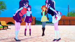 Size: 1280x720 | Tagged: safe, artist:csxz, sci-twi, sunset shimmer, twilight sparkle, equestria girls, g4, 3d, boots, clothes, confused, glasses, koikatsu, looking at each other, multeity, powerful sparkle, shoes, skirt, socks, sparkle sparkle sparkle, threelight sparkles, triality, twolight