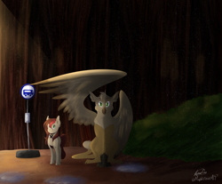 Size: 6000x4968 | Tagged: safe, artist:mapleicious, artist:mapleiciousmlp, oc, oc:appleale, oc:steelwinghollowtooth, earth pony, griffon, pony, bowtie, bus stop, female, forest, male, mare, my neighbor totoro, rain, size difference