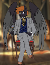 Size: 1568x2011 | Tagged: safe, artist:uncreative, oc, oc only, oc:preening oil, pegasus, anthro, unguligrade anthro, anthro oc, cane, chair, clothes, cravat, fancy, looking at you, male, partially open wings, pegasus oc, sitting, smiling, smiling at you, solo, spectacles, suit, vest, wings