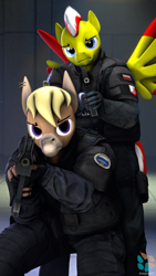 Size: 2160x3840 | Tagged: safe, artist:kasjer19, oc, oc:magnus, oc:nickyequeen, donkey, anthro, 3d, aiming, commissioner:nickyequeen, counter terrorists, counter-strike, counter-strike: global offensive, crouching, famas, france, friendship, gign, high res, m4a1, poland, pose, source filmmaker