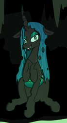 Size: 2104x3808 | Tagged: safe, artist:dark shadow, queen chrysalis, changeling, changeling queen, g4, fangs, female, glowing, high res, smiling, solo