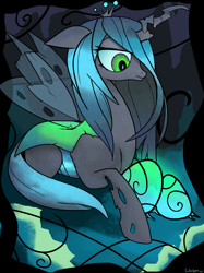 Size: 3190x4254 | Tagged: safe, artist:colochenni, queen chrysalis, changeling, changeling queen, g4, cave, crown, egg, female, insect wings, jewelry, regalia, rock, solo, wings