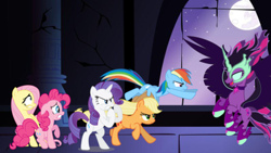 Size: 400x225 | Tagged: safe, artist:limelighthaven, artist:seahawk270, applejack, fluttershy, pinkie pie, rainbow dash, rarity, twilight sparkle, alicorn, earth pony, pegasus, pony, unicorn, equestria girls, g4, angry, applejack's hat, bipedal, castle of the royal pony sisters, cowboy hat, crying, female, hat, mane six, mare, midnight sparkle, open mouth, running, scared, tears of fear, twilight is anakin, twilight sparkle (alicorn), twilight vs mane 5, vector