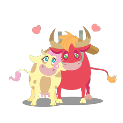 Size: 2000x2000 | Tagged: safe, anonymous artist, big macintosh, fluttershy, bull, cow, series:fm holidays, g4, big moocintosh, chinese new year, cowified, female, floating heart, fluttercow, heart, high res, horns, lineless, male, no pupils, nuzzling, ox, ship:fluttermac, shipping, simple background, species swap, straight, transparent background, udder, year of the ox, yoke