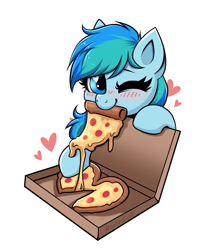 Size: 1526x1914 | Tagged: safe, artist:confetticakez, oc, oc only, oc:stormy waters, pegasus, pony, blushing, cheese pizza, cute, food, heart, heart eyes, meat, one eye closed, pepperoni, pepperoni pizza, pizza, solo, that pony sure does love pizza, weapons-grade cute, wingding eyes, wink