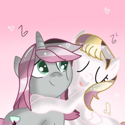 Size: 768x768 | Tagged: safe, artist:cacalvy_art, oc, oc only, pegasus, pony, unicorn, cheek squish, cheek to cheek, eyelashes, eyes closed, female, gradient background, heart, horn, hug, mare, music notes, open mouth, pegasus oc, singing, smiling, squishy cheeks, unicorn oc, wings