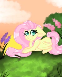 Size: 1080x1350 | Tagged: safe, artist:tessa_key_, fluttershy, pegasus, pony, g4, cloud, cute, eyelashes, female, looking at you, lying down, mare, outdoors, prone, shyabetes, smiling, solo, sunset, wings