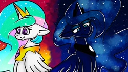 Size: 1080x608 | Tagged: safe, artist:tessa_key_, princess celestia, princess luna, alicorn, pony, g4, duo, ethereal mane, eyelashes, female, horn, jewelry, mare, night, peytral, siblings, sisters, starry mane, stars, sunset, tiara, wings