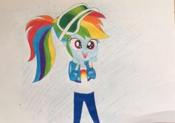 Size: 703x496 | Tagged: safe, artist:lillycloudart, rainbow dash, equestria girls, g4, clothes, cute, dashabetes, eyelashes, female, jacket, open mouth, pants, smiling, solo, traditional art, visor