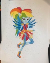 Size: 1080x1350 | Tagged: safe, artist:lillycloudart, rainbow dash, equestria girls, g4, my little pony equestria girls: legend of everfree, clothes, crystal guardian, dress, eyelashes, female, grin, pants, shoes, smiling, solo, traditional art