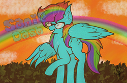 Size: 423x280 | Tagged: safe, artist:aquabright0219, oc, oc only, pegasus, pony, cloud, ear fluff, eyes closed, glasses, multicolored hair, open mouth, outdoors, pegasus oc, rainbow hair, raised hoof, smiling, solo