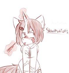 Size: 561x590 | Tagged: safe, artist:leola-kittycorn, oc, oc only, oc:sardonic ardor, pony, blushing, both cutie marks, capsule pill, clothes, funny number, hairclip, hoodie, monochrome, music video reference, sick, sitting, sketch, solo, thermometer, tongue out, vocaloid