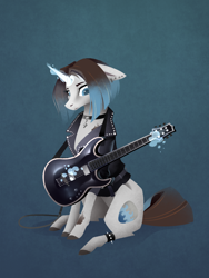 Size: 1050x1400 | Tagged: safe, artist:28gooddays, oc, oc only, pony, unicorn, clothes, female, guitar, jacket, mare, musical instrument, solo