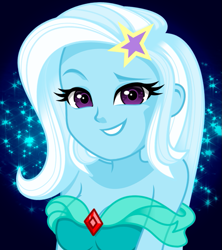 Size: 661x744 | Tagged: safe, artist:rosemile mulberry, trixie, human, equestria girls, g4, breasts, broach, busty trixie, clothes, detailed eyes, dress, female, hairpin, looking at you, raised eyebrow, smiling, smiling at you, solo, starry eyes, stars, wingding eyes