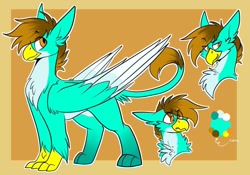 Size: 1069x748 | Tagged: safe, artist:rockin_candies, oc, oc only, oc:pure gold, griffon, beak, chest fluff, paws, reference sheet, simple background, solo, talons, wings